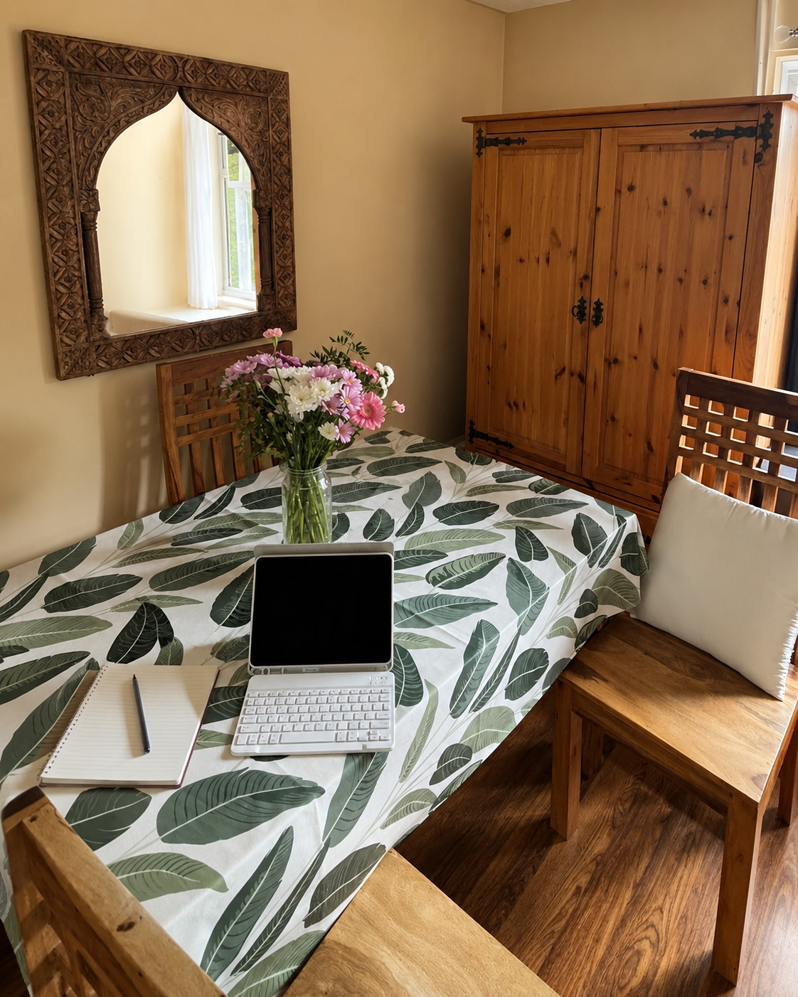 A calm singing lesson space with a table, flowers and piano keyboard